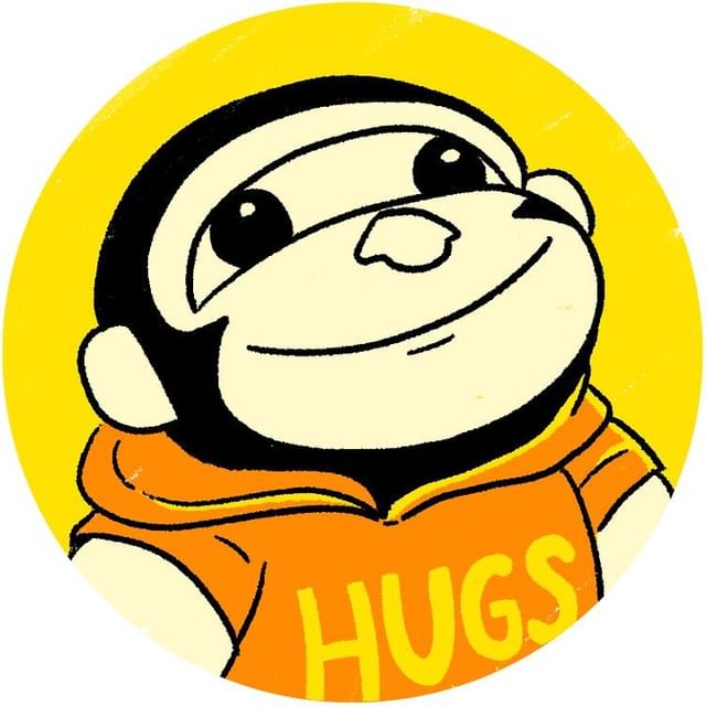 An illustration of Pickles, a small stuffed gorilla. The colors are shades of yellow and orange, with black lines and details. He is wearing an orange hoodie that says "Hugs". He is smiling and looking towards the upper right.